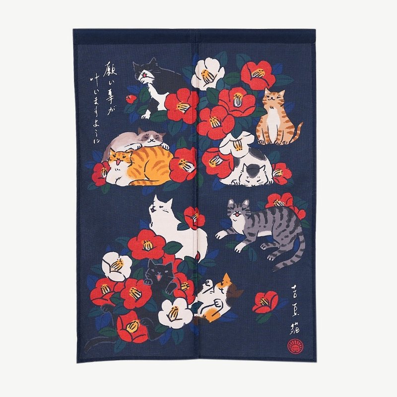 Ji Dou Cat prays for nine cat door curtains and flowers (iron blue/illustration door curtain/repellent/thick material) - Doorway Curtains & Door Signs - Cotton & Hemp Blue