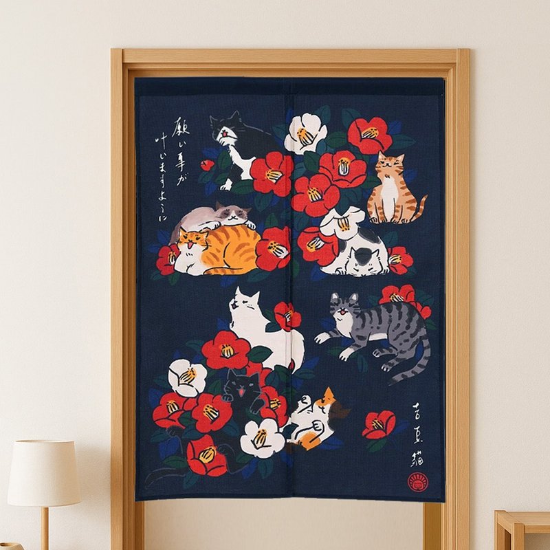 Ji Dou Cat prays for nine cat door curtains and flowers (iron blue/illustration door curtain/repellent/thick material) - Doorway Curtains & Door Signs - Cotton & Hemp Blue