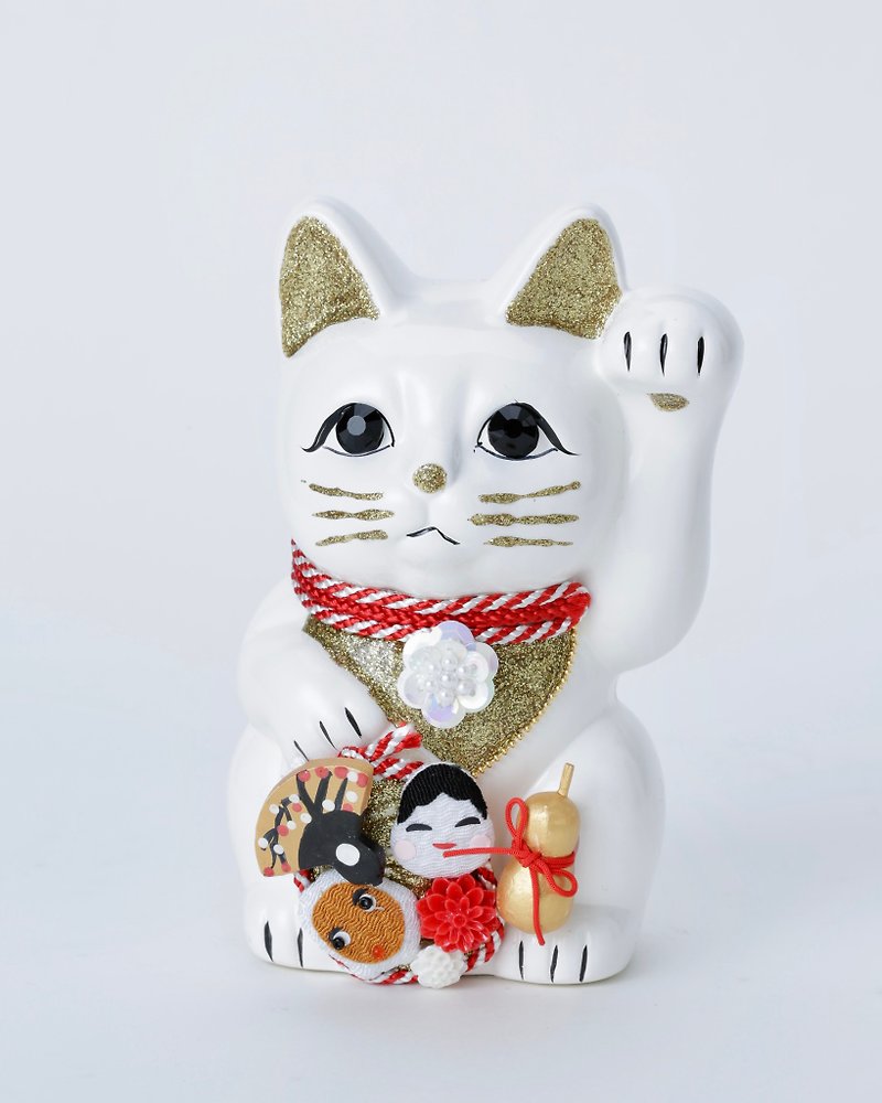 招き猫おかめひょっとこご縁猫 - 置物 - 陶器 ホワイト