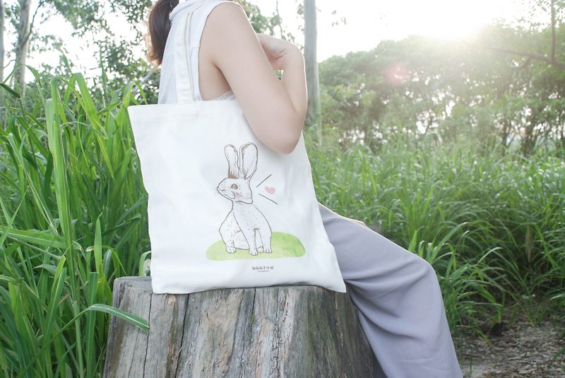 【Animal Series】#3 Curious Rabbit totebag (Large) - กระเป๋าแมสเซนเจอร์ - วัสดุอื่นๆ ขาว