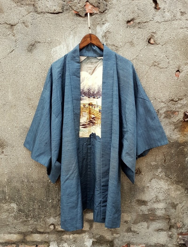 Small turtle Ge Ge - Japanese ancient painting feather weave antique kimono jacket - เสื้อโค้ทผู้ชาย - ผ้าไหม 