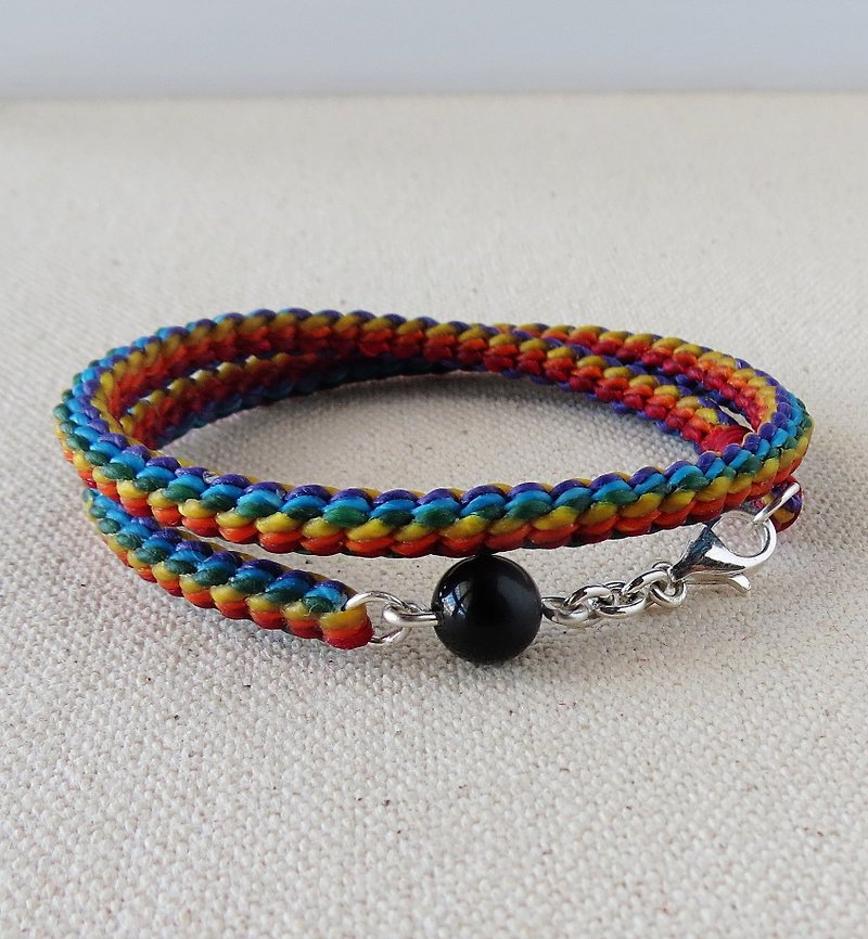 Sterling Silver**Lucky silk wax line [Rainbow] obsidian bracelet**Square twelve knit double circle - Bracelets - Gemstone 