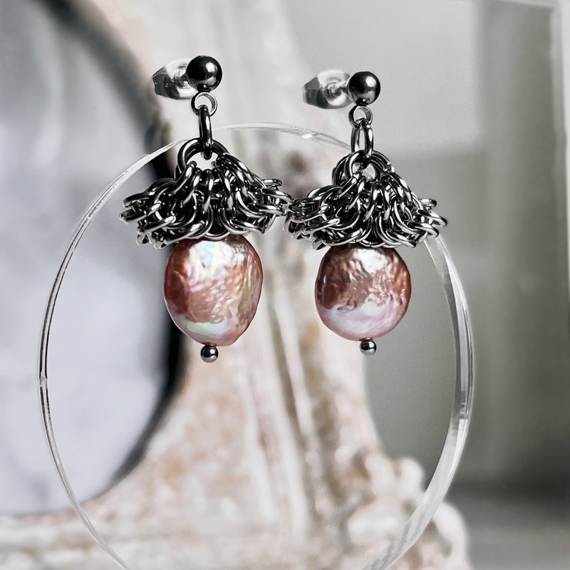 Bud Earrings (Purple Button Pearl) Stainless Steel Earrings - ต่างหู - สแตนเลส สีม่วง