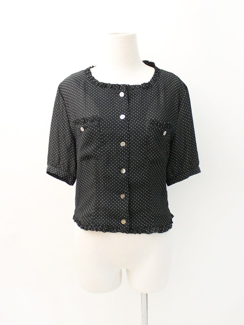Retro Japanese Made Cute Short Black Dot Short Sleeve Vintage Shirt Vintage Blouse - Women's Shirts - Polyester Black