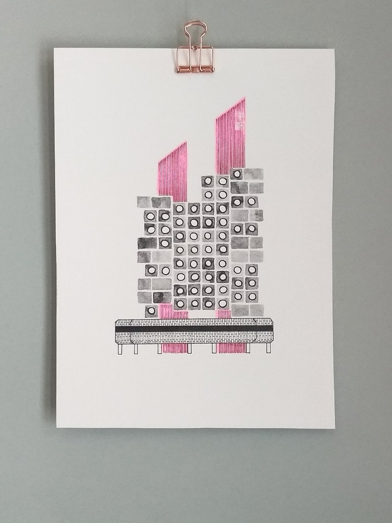 東京中銀膠囊塔 孔版印刷插畫   A5 - 掛牆畫/海報 - 紙 灰色
