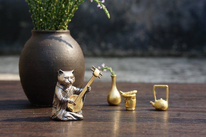 音楽を再生するシルバーの手作り工芸品の装飾品ペット猫茶 - 置物 - 貴金属 シルバー