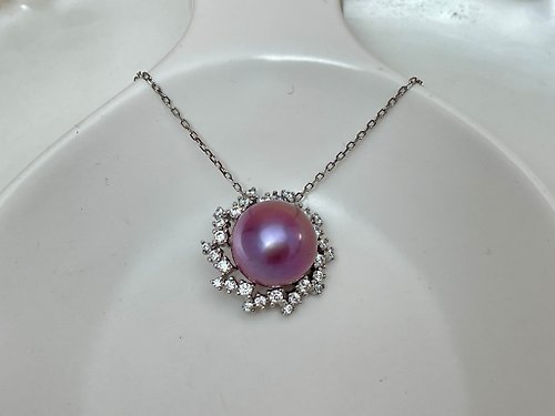 Athena珍珠設計 凌霄花 紫珠吊墜 天然淡水珍珠 滿鑲鋯石 贈項鏈