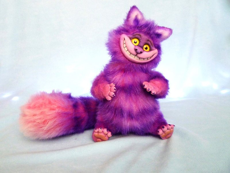 Pink Cheshire cat, stuffed toy, ooak, poseable creatures - ตุ๊กตา - วัสดุอื่นๆ สีม่วง