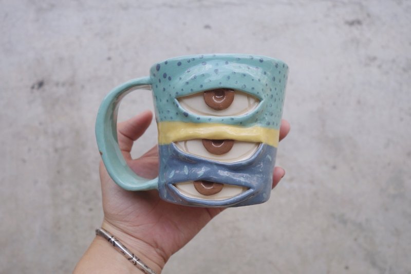 Handmade ceramic mug with 3 eyes in 3 color  :) - Pottery & Ceramics - Pottery Blue