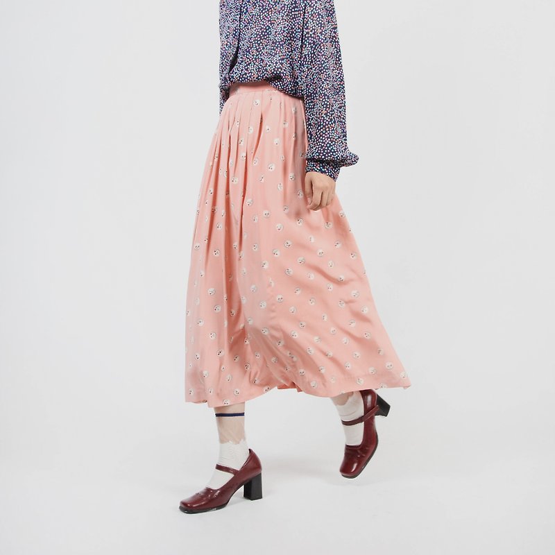 [Egg Plant Vintage] Sakura Time Pleated Vintage Long Skirt - Skirts - Polyester Pink