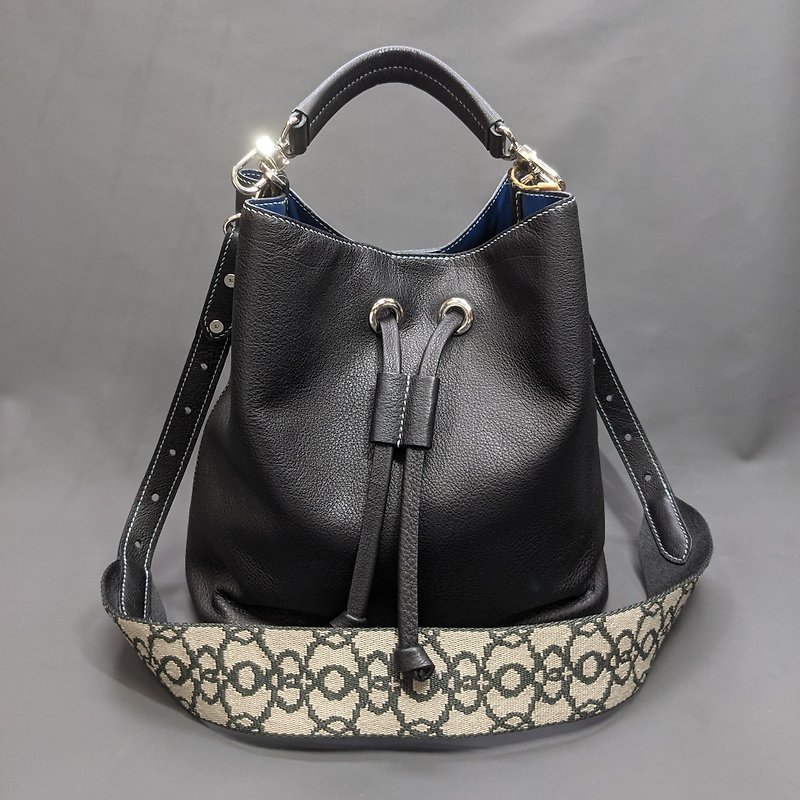 Cowhide bucket bag - Drawstring Bags - Genuine Leather Black