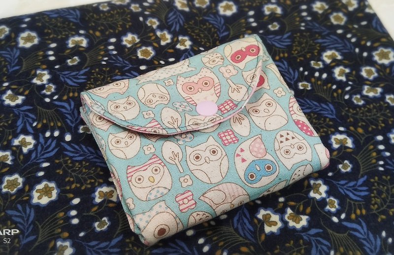 粉藍貓頭鷹雙層錢包 零錢包 卡片包 收納包 - 銀包 - 棉．麻 藍色