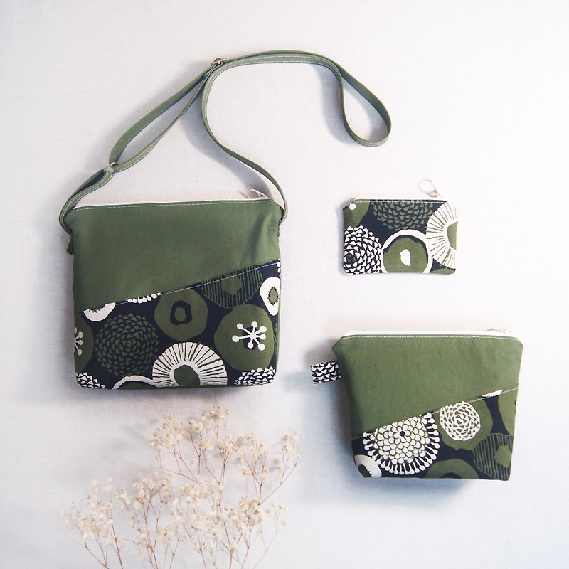 Spot green floral printed fabric bag set-shoulder bag/makeup storage bag/coin purse - กระเป๋าแมสเซนเจอร์ - ผ้าฝ้าย/ผ้าลินิน สีเขียว
