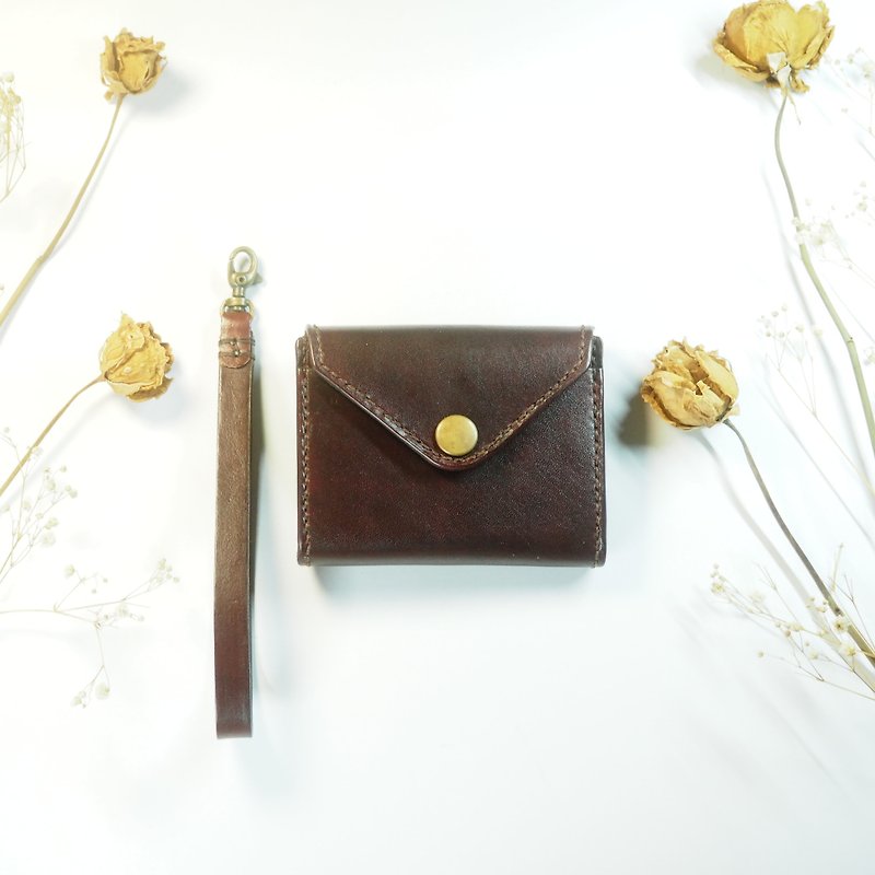 Chubby handmade leather coin purse envelope shape with wrist strap coffee red - กระเป๋าใส่เหรียญ - หนังแท้ สีนำ้ตาล