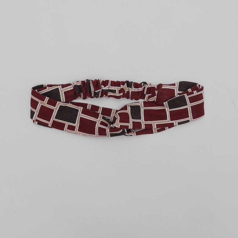 Burgundy vintage check cross headband - Hair Accessories - Cotton & Hemp Red