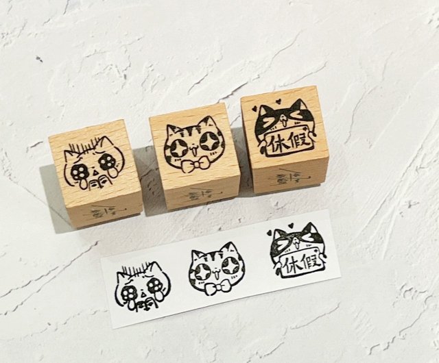 小さな猫の頭-ブナ材ゴム印 (3 つのスタイル) - ショップ スパーズ