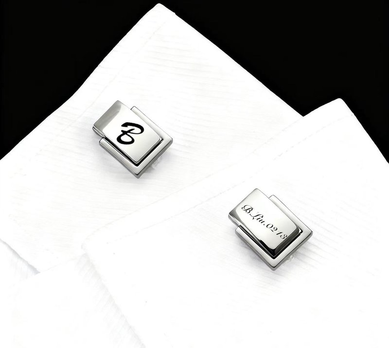 精緻金屬袖扣 銀色 免費刻字 配合胡桃木袖扣禮盒刻字 - 袖扣 - 不鏽鋼 銀色