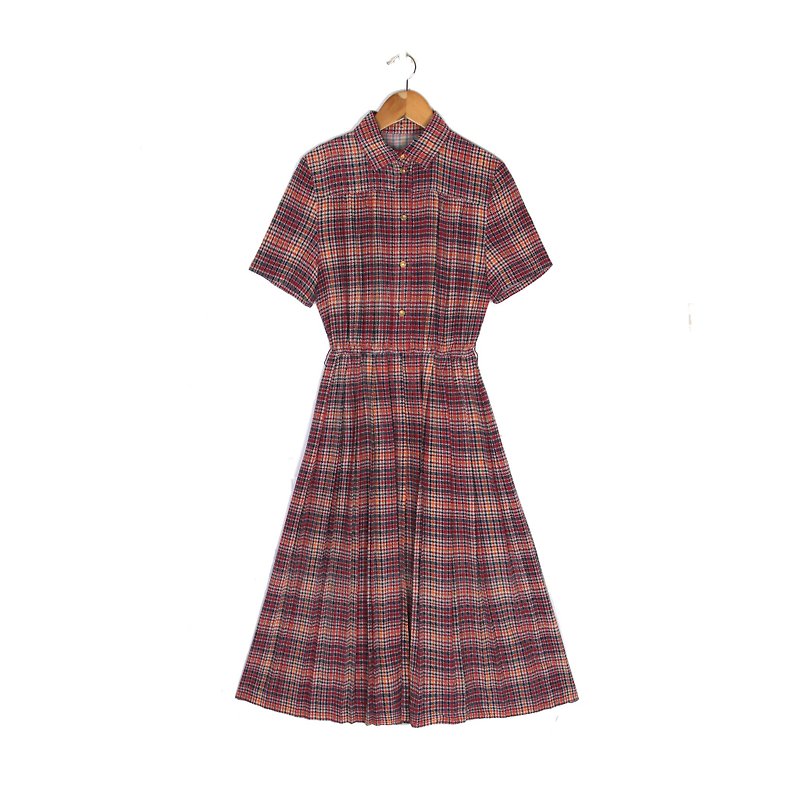 [Egg plant ancient] plum lattice printed pleated short-sleeved ancient dress - One Piece Dresses - Polyester Red