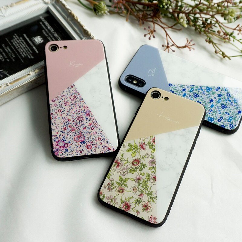 多機種対応 スマホケース ガラス【 バイアスカラー 名入れ 】 くすみ 大理石 フラワー iPhone android JI31U - 手機殼/手機套 - 玻璃 粉紅色