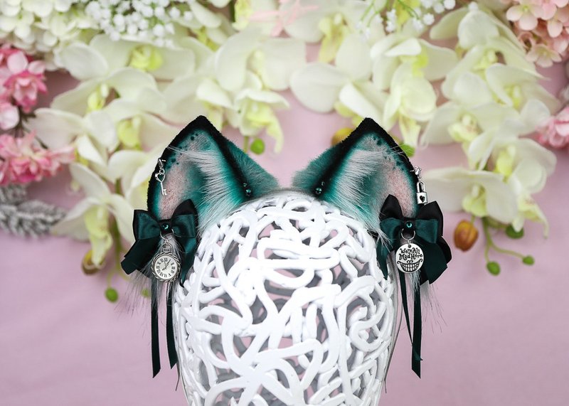 Grey And Teal Cheshire Cat Ears Faux Fur Ears - 髮夾/髮圈 - 其他人造纖維 灰色