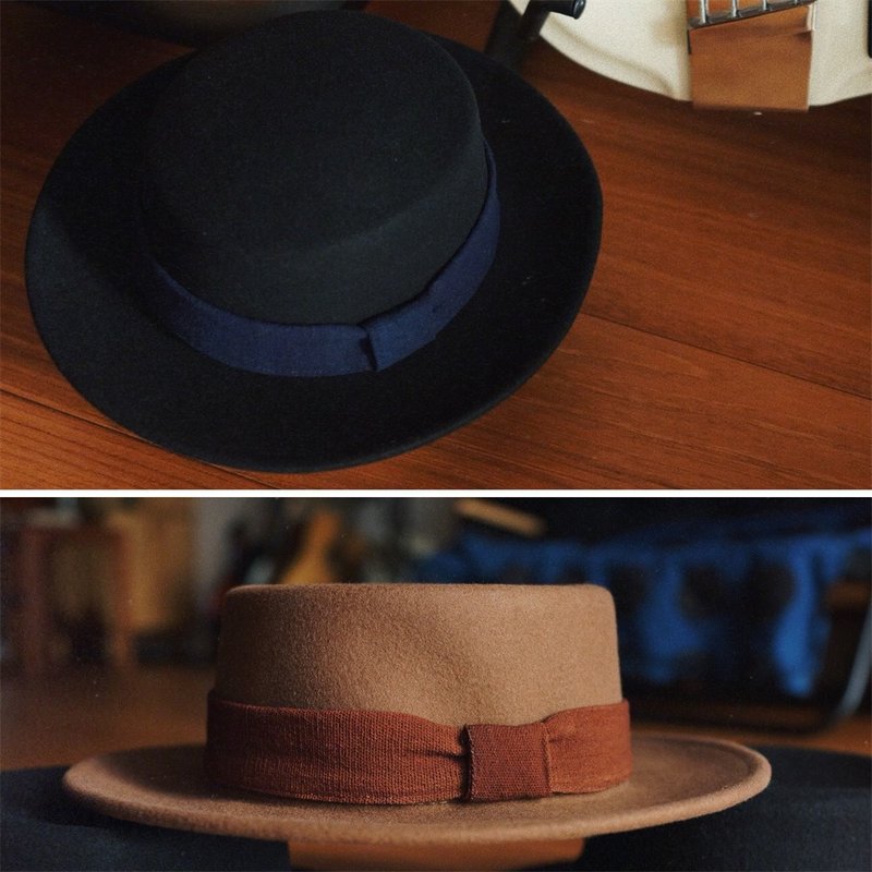 Black/brown autumn and winter flat top flat brim wide brim hat blue dyed retro literary wool hat - หมวก - ขนแกะ สีดำ