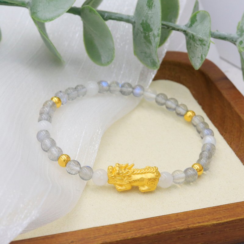 Kimura Light Gold Jewelry/Gold Pixiu Crystal Bracelet Labradorite Moonstone 9999 Gold - Bracelets - 24K Gold Gray
