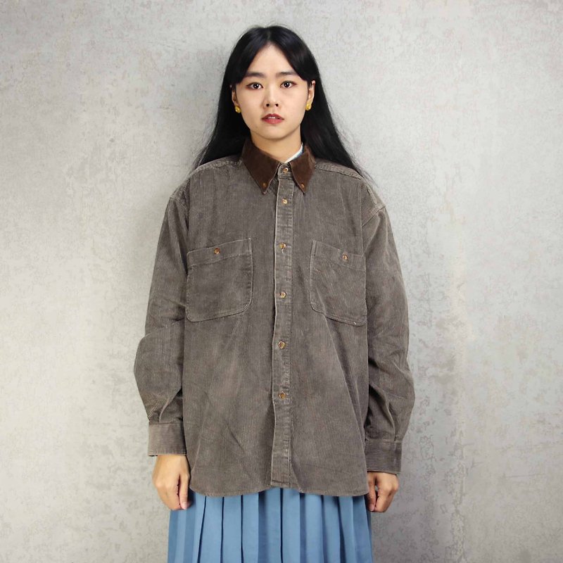 Tsubasa.Y Antique House A08 Suede Collar Brown Corduroy Shirt, Corduroy Shirt - Women's Shirts - Other Materials 