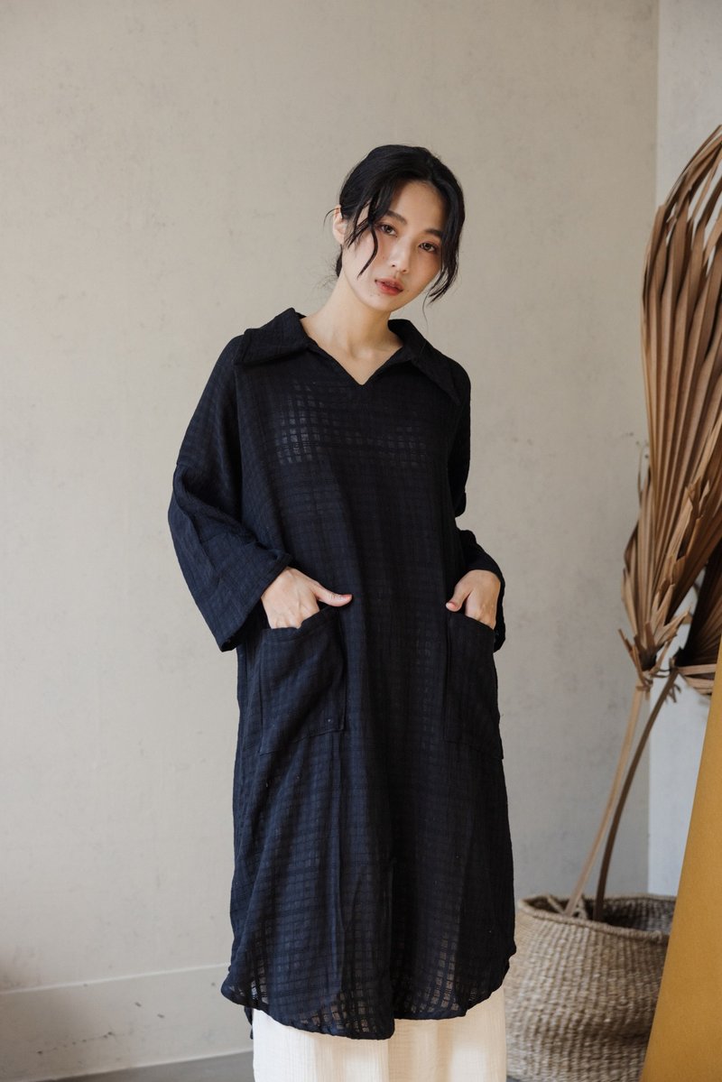 後開衩口袋長版外罩_黑色格紋 - 女大衣/外套 - 棉．麻 黑色