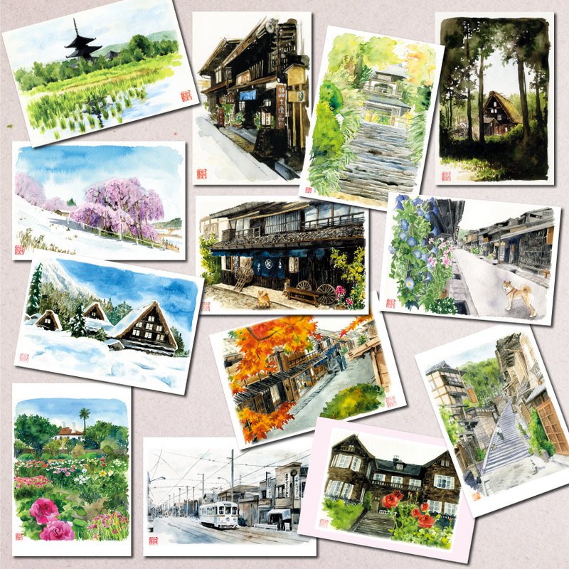 Set of 13 watercolor postcards Japanese scenery - การ์ด/โปสการ์ด - กระดาษ 