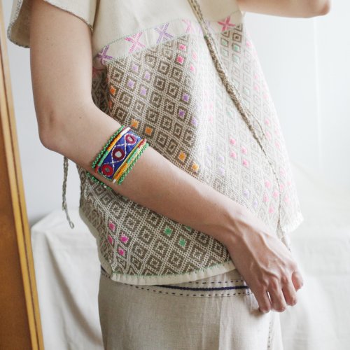 新品カレン族手刺繍藍染チュニック◼︎タイ山岳民族カレンシャツ カレン族の手織りシャツ（黒オレンジ） | bondoi チェンマイの
