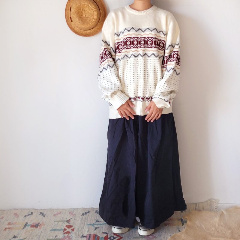 BajuTua / Vintage / Eastern European Traditional Geometric Totem Neutral Knitwear - สเวตเตอร์ผู้ชาย - อะคริลิค ขาว