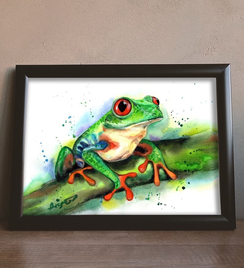 Green frog Original watercolor frog painting wall decor, 8x11in by Anne Gorywine - 壁貼/牆壁裝飾 - 紙 藍色