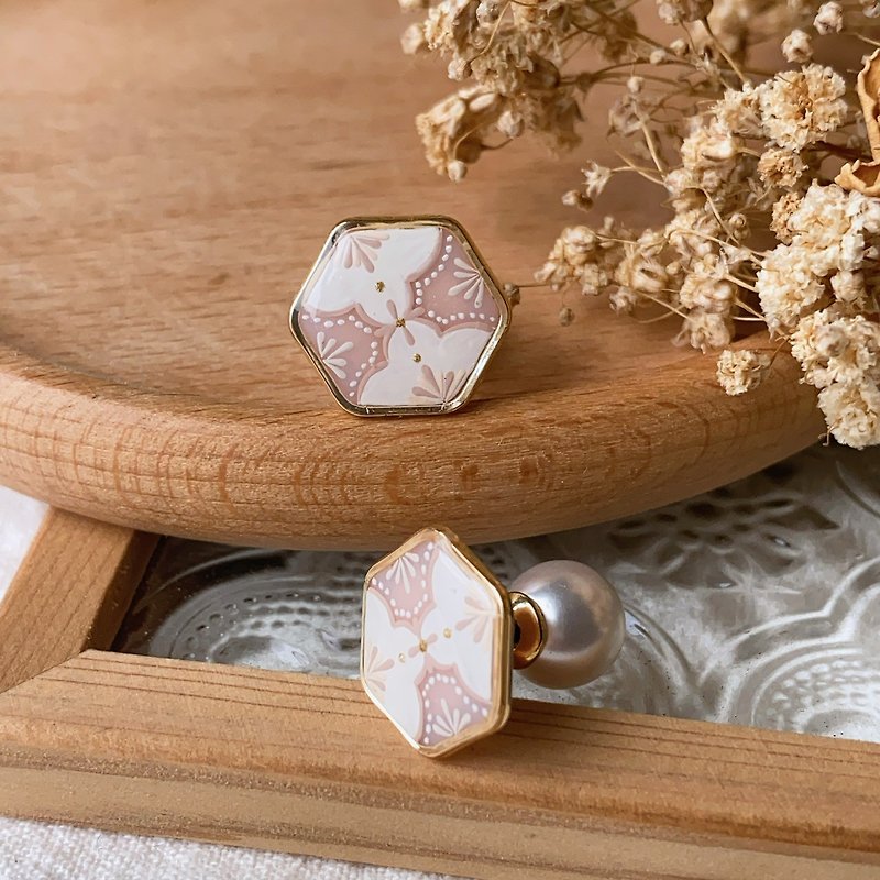 Hand-painted tile series warm earrings style - Earrings & Clip-ons - Resin Pink