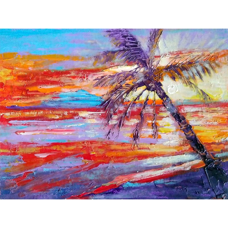 Sea Sunset Original Painting, Palm Tree Wall Art, Seascape Beach Artwork, 手工油畫 - โปสเตอร์ - วัสดุอื่นๆ หลากหลายสี