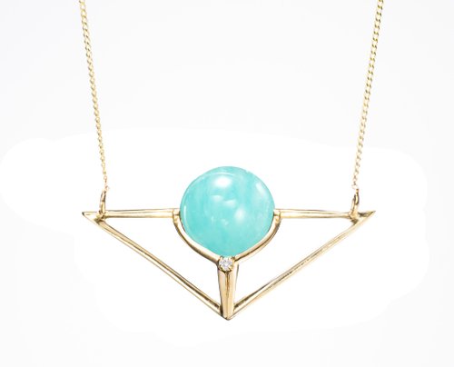 Majade Jewelry Design 14k金亞馬遜石鎖骨鍊 綠松黃金項鍊 鑽石黃金飾品 天河石幾何項鍊