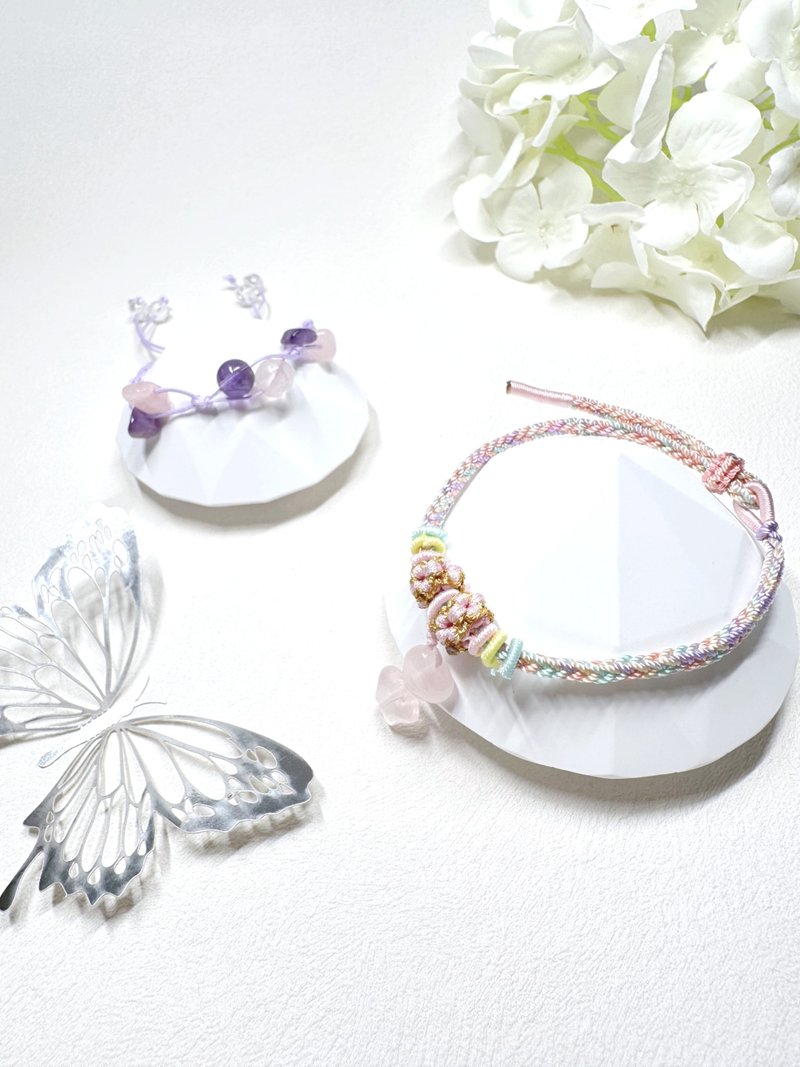 心形粉晶 Rose Quartz + 星形白水晶 Clear Quartz 繩結手鏈 - 手鍊/手環 - 水晶 