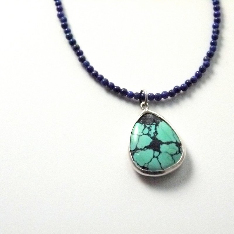 Natural Turquoise Lapis Lazuli seed beads Necklace Sterling Silver Handmade - สร้อยคอ - เครื่องเพชรพลอย สีเขียว