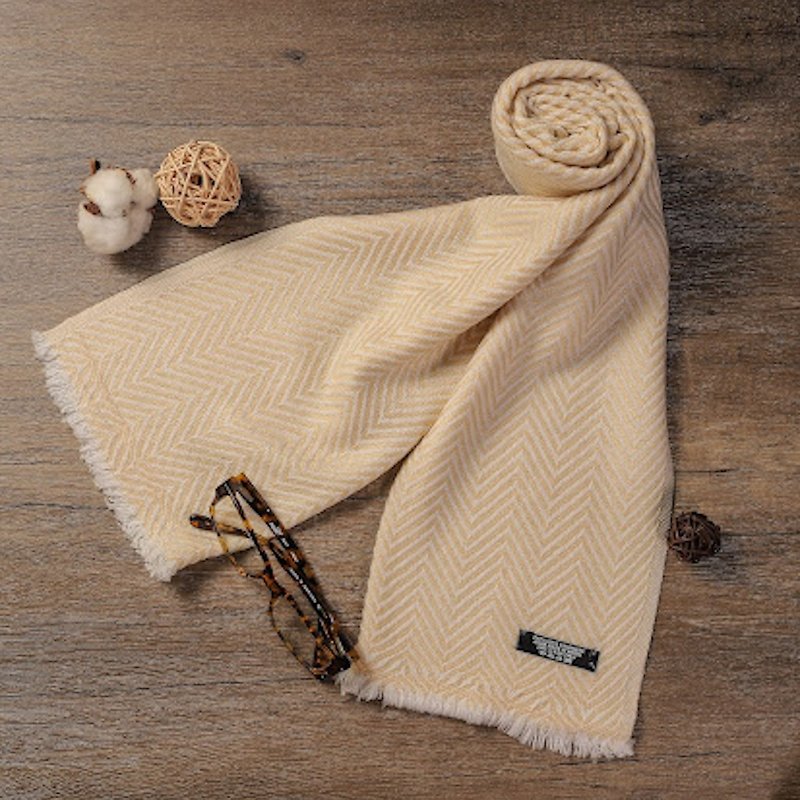 [Narrow version] Cashmere wool scarf champagne color mountain pattern neck circumference hand-knitted for men and women - Knit Scarves & Wraps - Wool Khaki