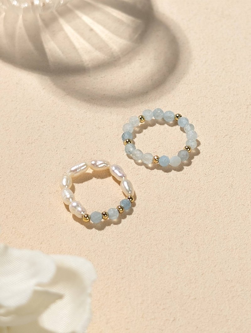 珍珠 海藍寶 天然石串珠戒指 JIEGEM 姊的珠寶 - 戒指 - 半寶石 