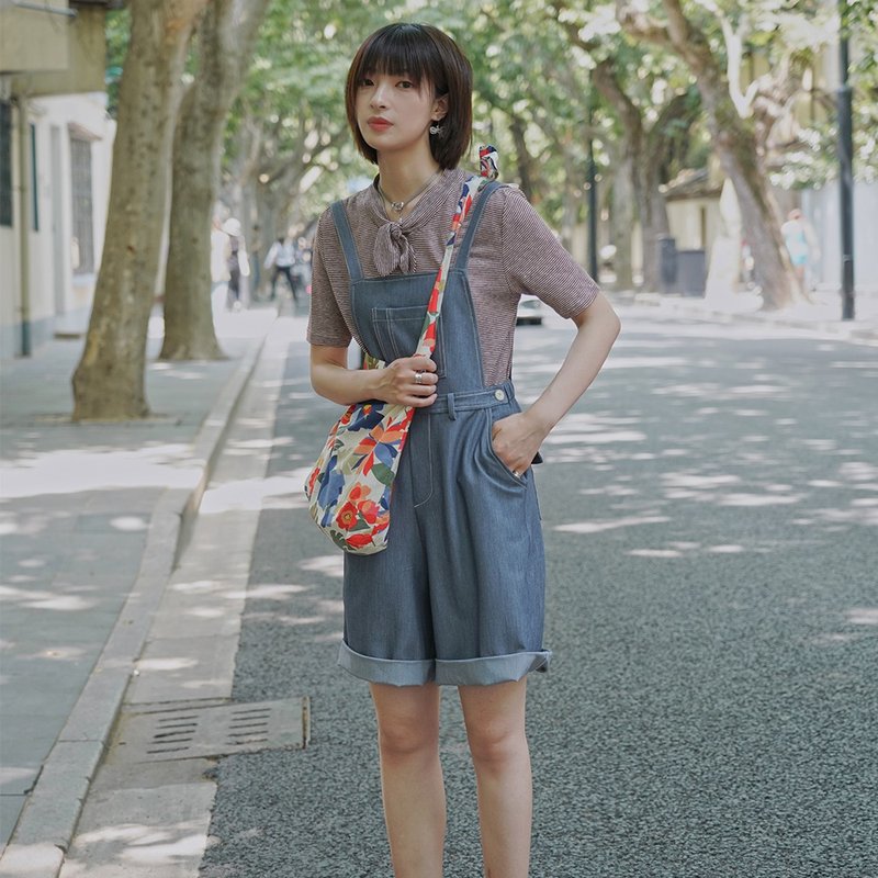 仿牛仔工裝連體背帶褲|背帶褲|褲子|夏款|混紡|Sora-496 - 女短褲/五分褲 - 其他人造纖維 藍色