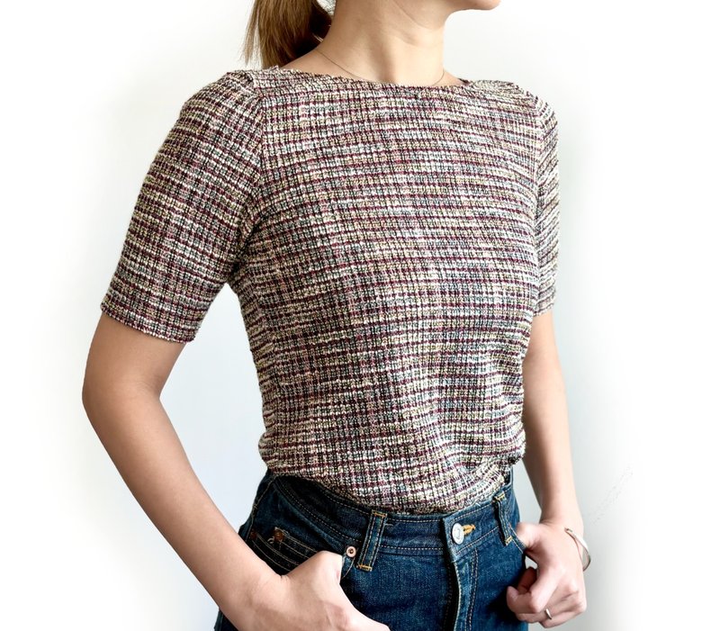 【ツイードライクニット】形にこだわった ボートネックTシャツ【サイズ展開有】 - 女 T 恤 - 聚酯纖維 黑色