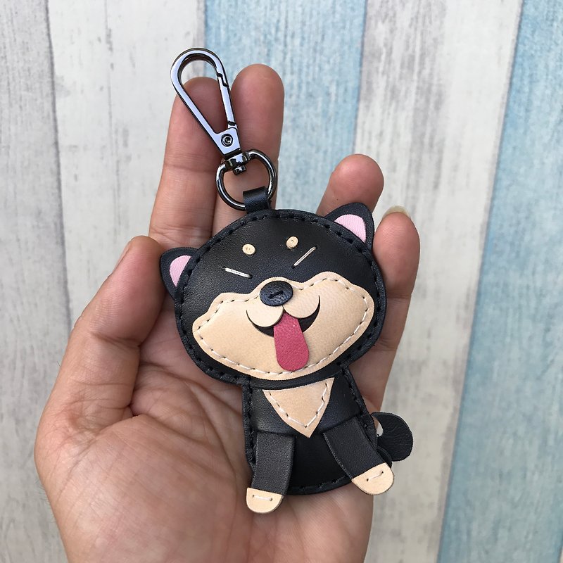 Healing small things black / beige Shiba Inu dog hand-sewn leather key chain small size - ที่ห้อยกุญแจ - หนังแท้ สีดำ