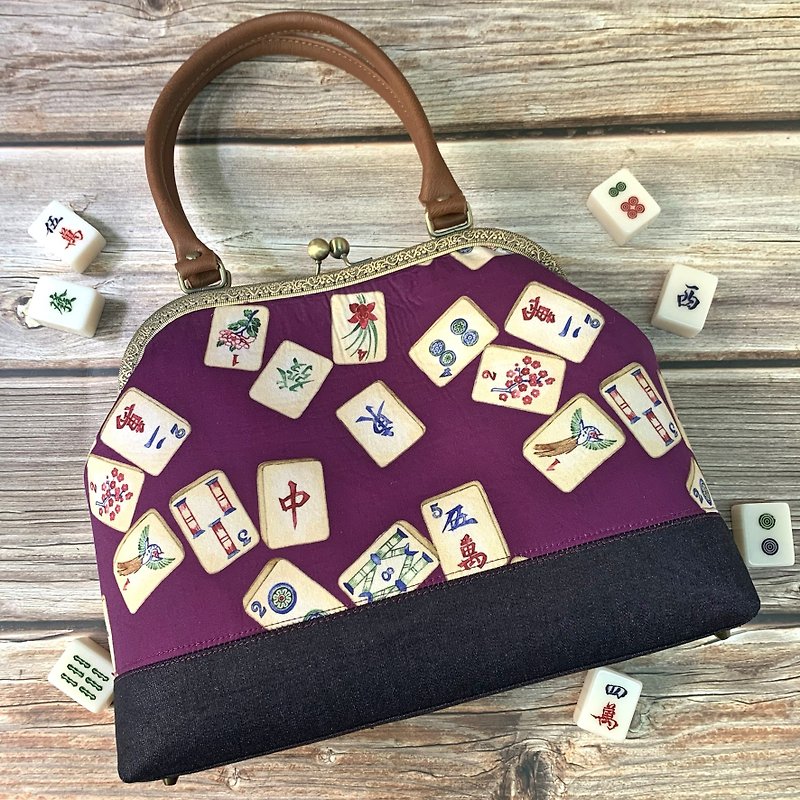 Mouth Gold Handbag-Sparrow Pattern (Purple) - กระเป๋าถือ - ผ้าฝ้าย/ผ้าลินิน สีม่วง