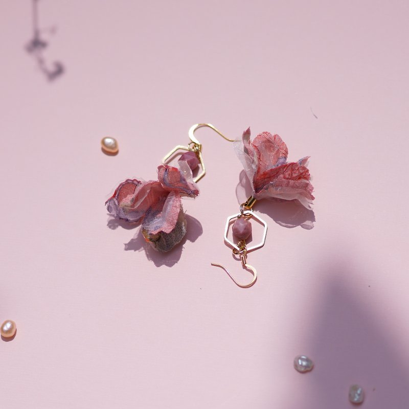 Naomi | Lovely Sakura Fabric Flower Earring with Golden Plating Hook - Earrings & Clip-ons - Other Materials Pink