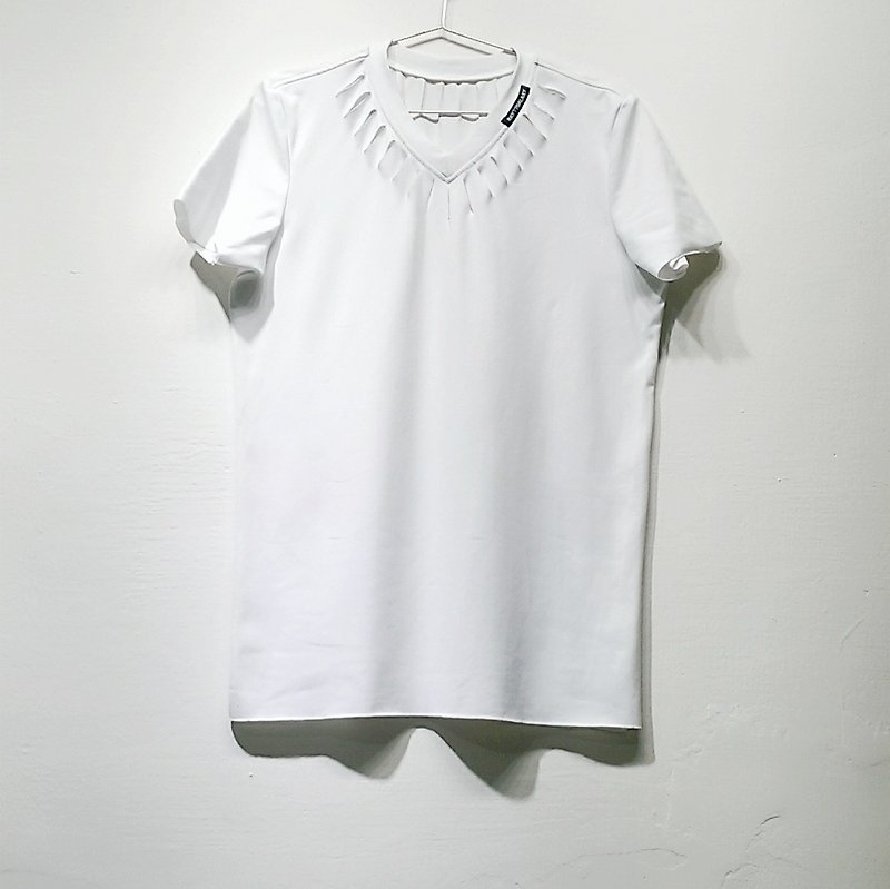 ハンドカットネックラインの超伸縮性スリムフィットTシャツ（メンズ）Ray77 Galaxy - Tシャツ メンズ - ポリエステル ホワイト