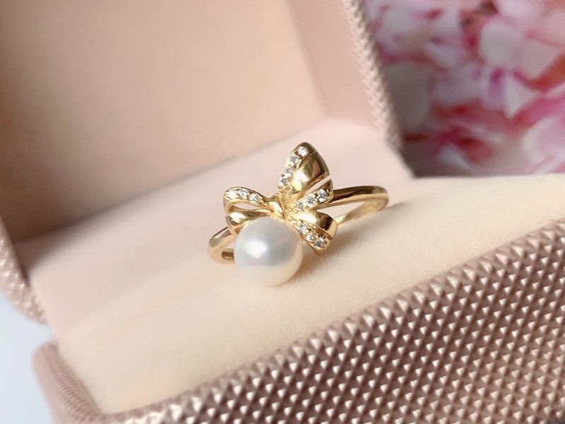 Natural Pearl Sterling Silver Ring Bow Knot Textured Pearlescent June Stone - General Rings - Pearl 