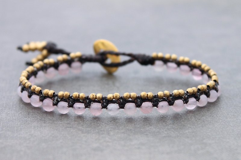 Rose Quartz Beaded Bracelets Brass Pink Stone Woven Brass Petite Cute Woven  - สร้อยข้อมือ - หิน สึชมพู