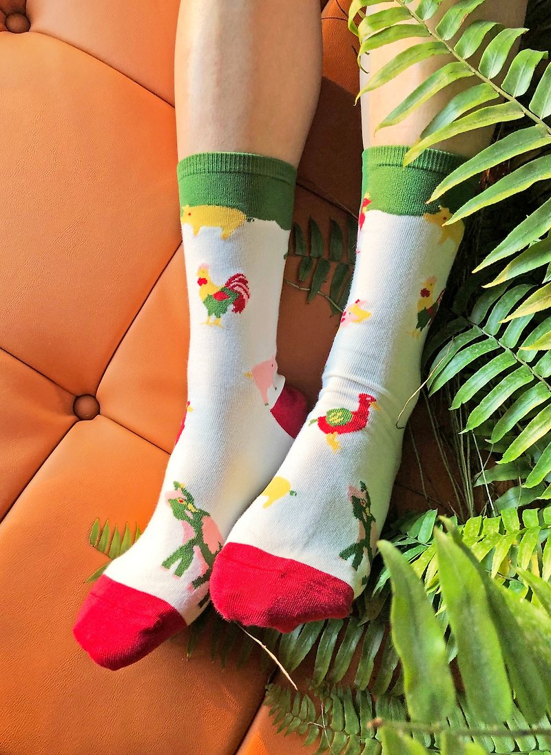Happy Zoo _ Ivory crew socks/ casual socks - Socks - Cotton & Hemp White
