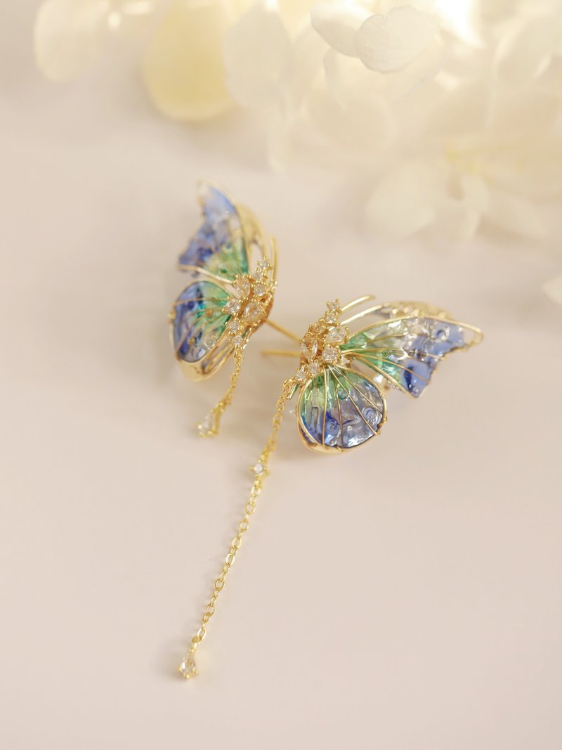 youngstudio Mu Ri Yi Wu original handmade summer new butterfly female sterling silver earrings long - ต่างหู - วัสดุอื่นๆ 