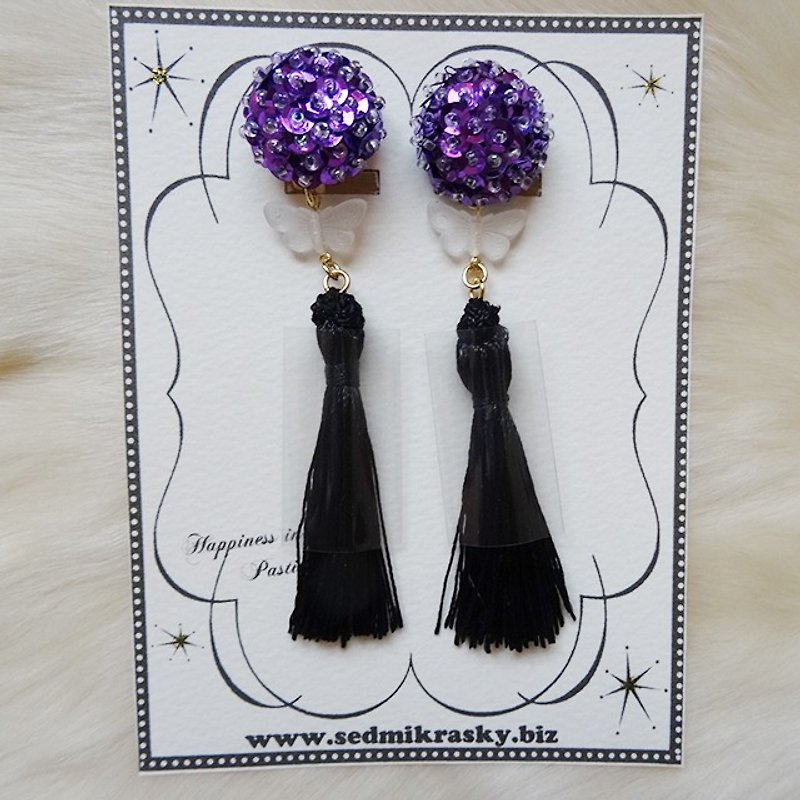 Butterfly Tassel Earrings / Purple x Black - Earrings & Clip-ons - Polyester Purple